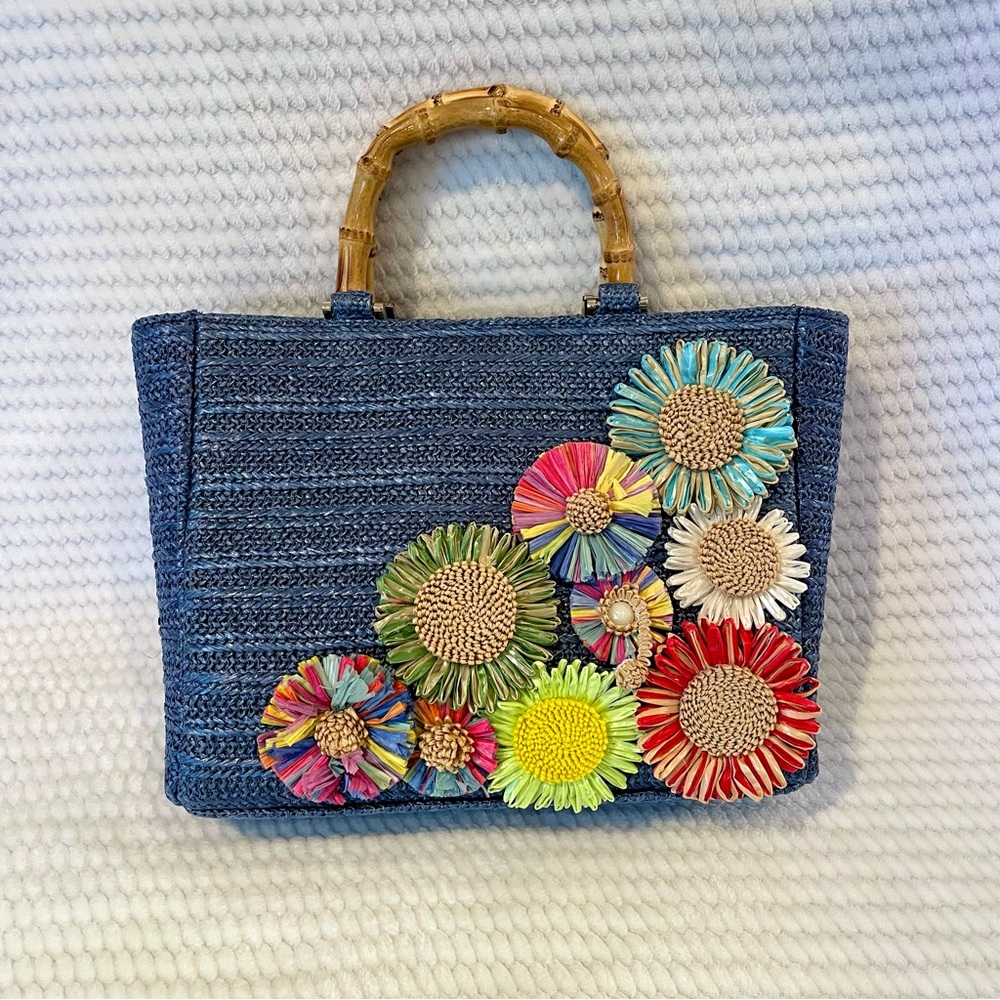 Haute Hippie Blue Straw Handbag, Boho Chic Purse.